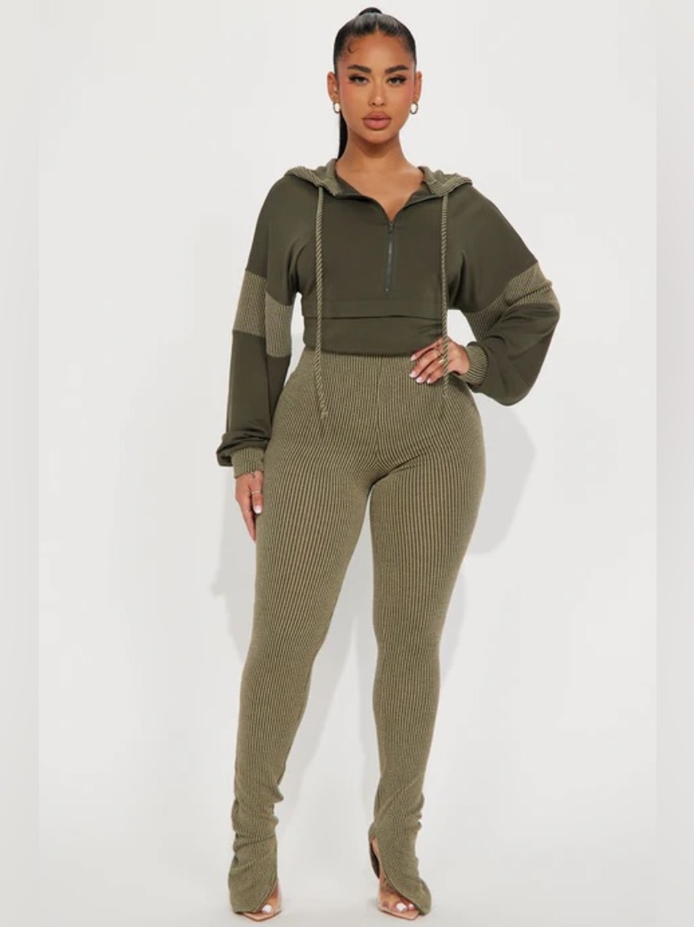 Fashion Nova Olive Green Ribbed Knit Jumpsuit with Hood NWT